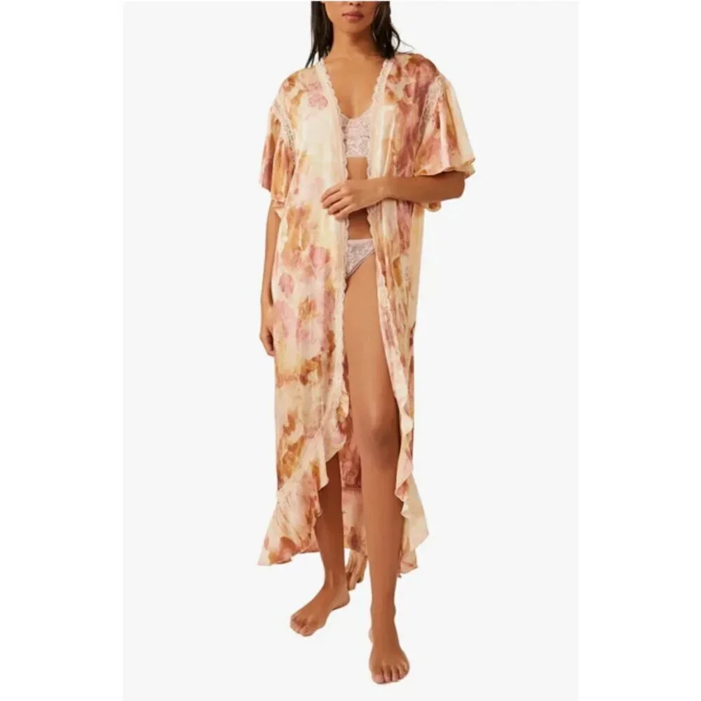 NWOT Free People abstract tie dye print satin effect & lace accent washed robe - Picture 7 of 16